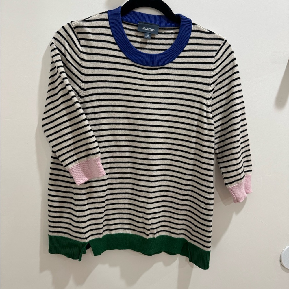 Modcloth Striped Short-sleeve Sweater with Colorful Accents